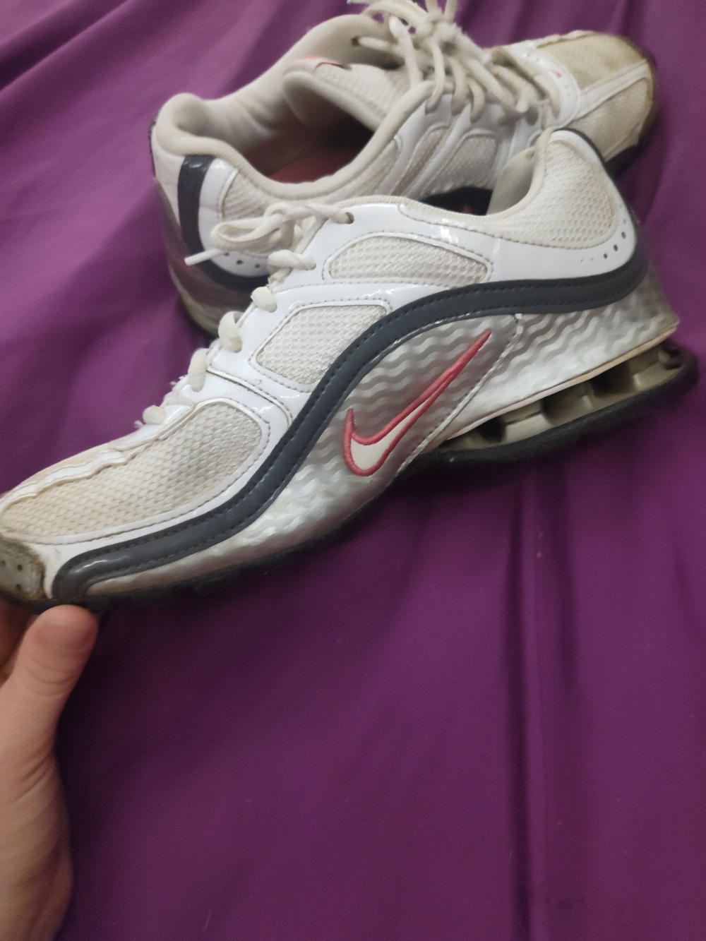 Nike Women’s White and Gray Running Shoes with Pink Swoosh Accent